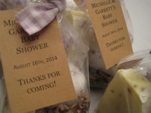 Lavender Lemongrass soap and salts for baby shower packaged